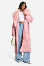 Jackets amp Coats Petite Faux Fur Collar Vintage Look Faux Leather Trench Coat at Boohoo